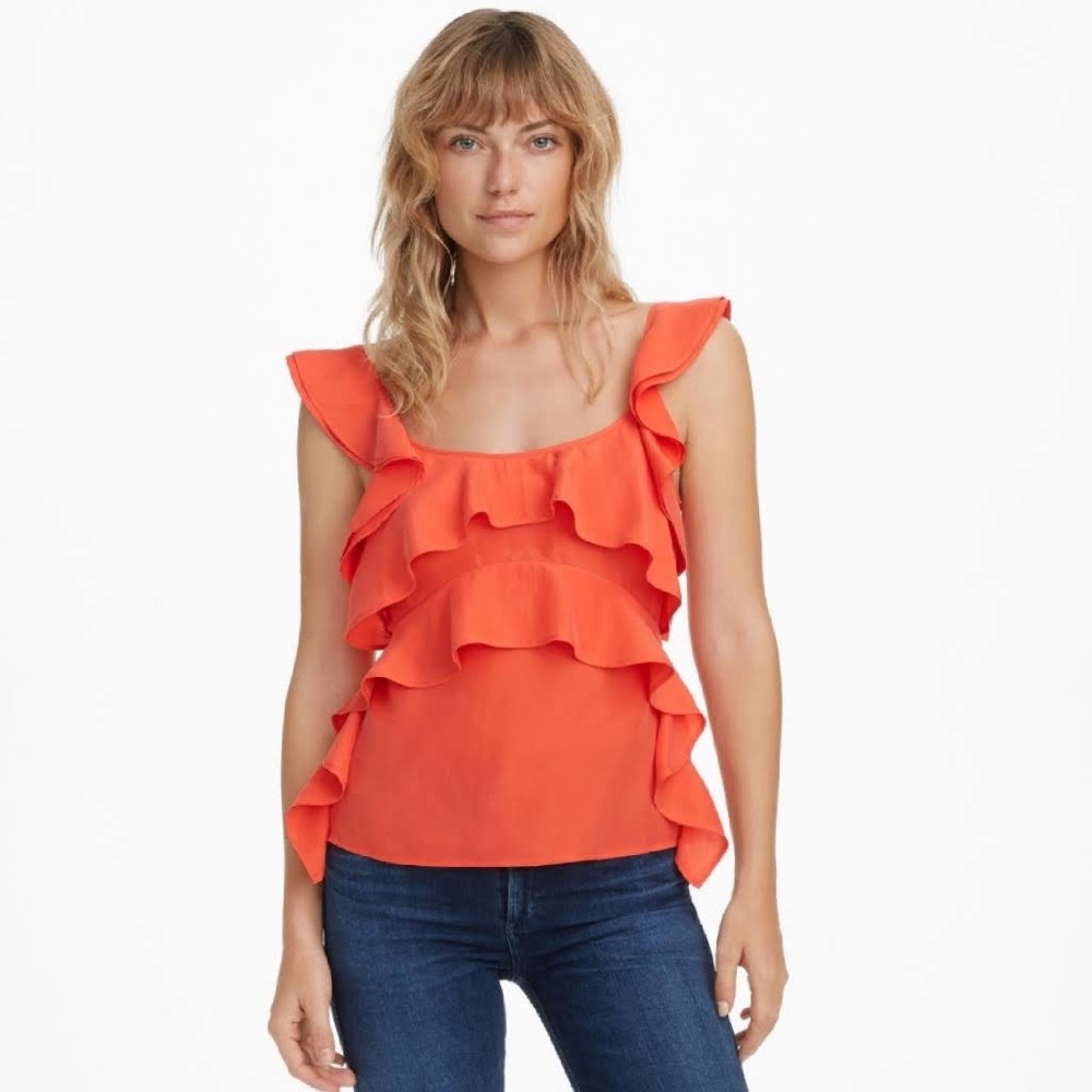 NWT Club Monaco Silk Sleeveless Ruffle blouse in bright Orange/red - Small